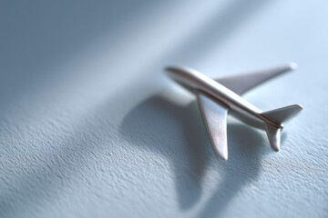 A silver airplane model casting a shadow.