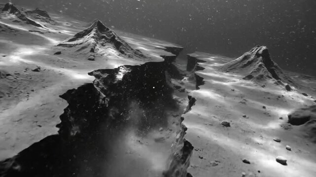 Deep sea vent erupting with bubbles in underwater desolate terrain landscape black and white video