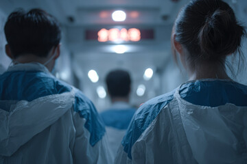 Three individuals in protective clothing walking down a corridor.