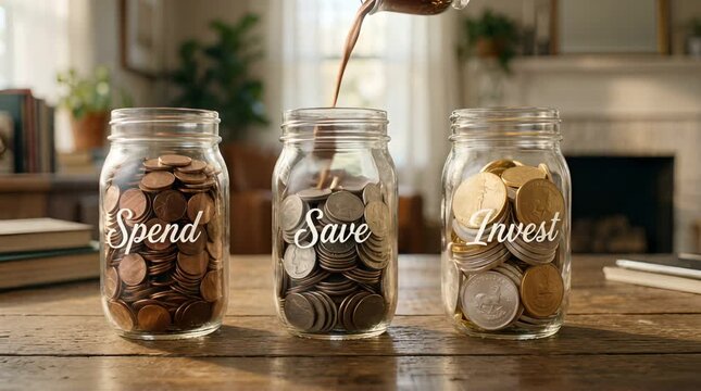 Money Coin Distribution in Glass Jars on Rustic Wooden Table with Neutral Room Background Denoting Spend Save and Invest Concepts