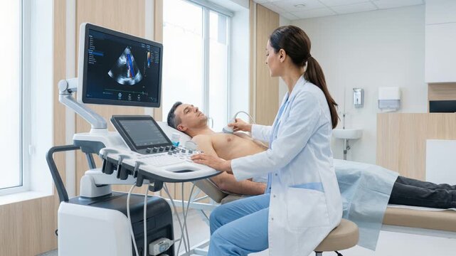Doctor uses handheld device to visualize heart while patient sits calmly