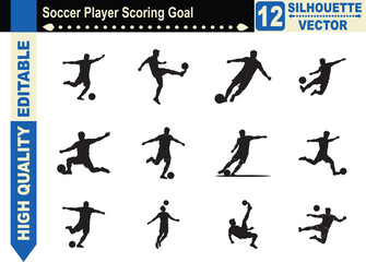 Silhouette set of a soccer player scoring a goal, representing professional football success, dynamic sports action, and athletic achievement.