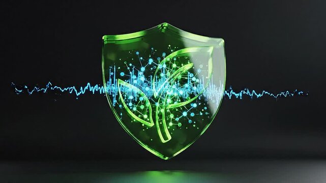 Green Shield with Leaf Symbol and Molecular Network Animation representing Eco-friendly Technology and Sustainable Innovation
