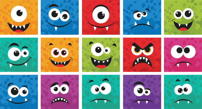 Colorful monster face avatar icons set featuring expressive cartoon characters with various emotions, teeth, and eyes on textured square backgrounds for kids game design.