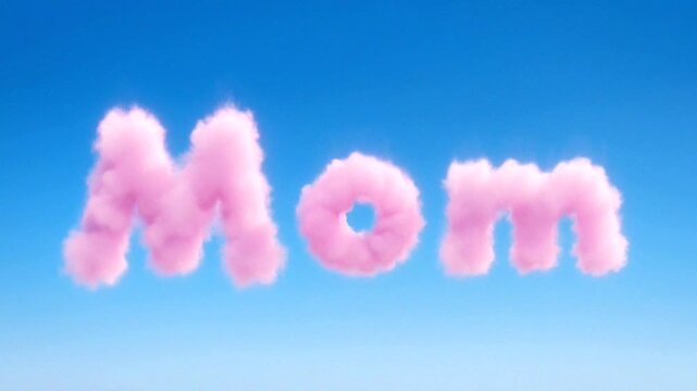 Words of love in pink clouds, symbolizing affection and warmth in a clear blue sky.