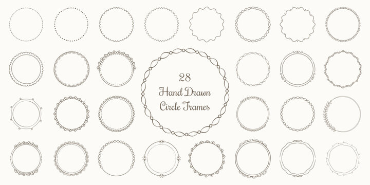 Set of 28 hand drawn decorative circle frames and borders