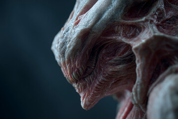 Close-up of a grotesque, monstrous creature's face.