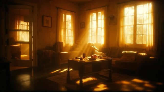 A sunlit room features a person reading; rays of light stream through windows, warming the space
