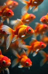 Fototapeta premium Group of vibrant orange goldfish swim together in clear water. School of aquatic pets in an aquarium display fins and tails moving gracefully. Peaceful underwater scene shows lively school.