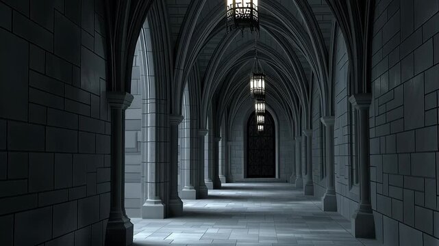 Dark gothic corridor with stone arches and hanging lanterns creating dramatic shadows, medieval architecture interior with mysterious and atmospheric mood