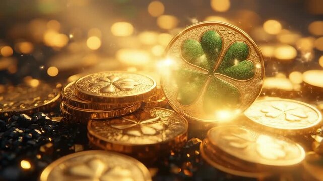 Golden coins with clover patterns under warm lighting. Happy St. Patrick's Day