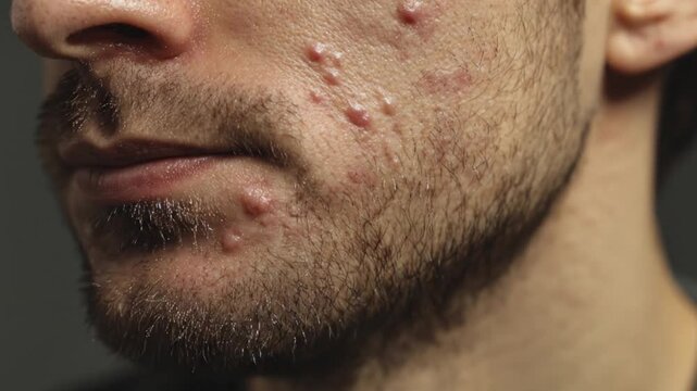 A mans face with acne is shown in a closeup view highlighting the skin condition