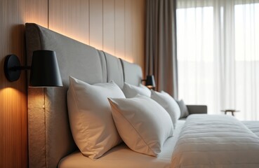 Fototapeta premium Modern hotel bedroom featuring large bed with white pillows, plush headboard. Warm accent lighting illuminates wood paneling, bedside lamps, creating cozy atmosphere. Curtains cover large window,