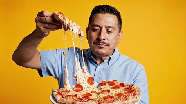 A man pulls a slice of pepperoni pizza with long strings of melted cheese. He looks satisfied against a bright yellow background. Perfect for food advertising or restaurant marketing.