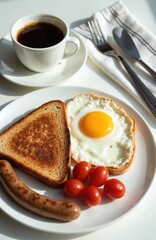 White plate with breakfast whole wheat toast, fried egg, sausage, cherry tomatoes, and coffee cup. Morning meal on table with cutlery. Enjoy tasty food.