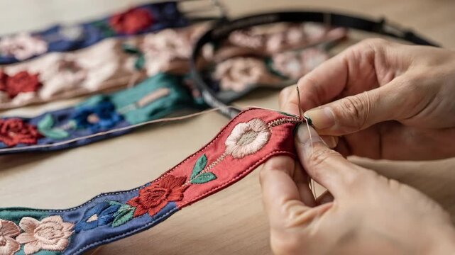 Closeup of hands sewing vibrant satin elastic headbands showcasing delicate stitching and decorative floral patterns for elegant fashion accessories.