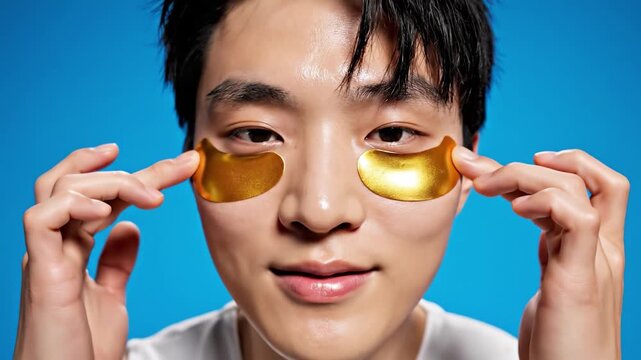 Young Asian man applies gold gel eye patches under his eyes. This shows a male skincare routine and self-care concept. Perfect for beauty, wellness, and grooming advertisements.