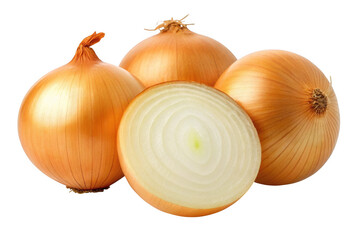 Fototapeta premium Three whole onions and one sliced onion on a white background
