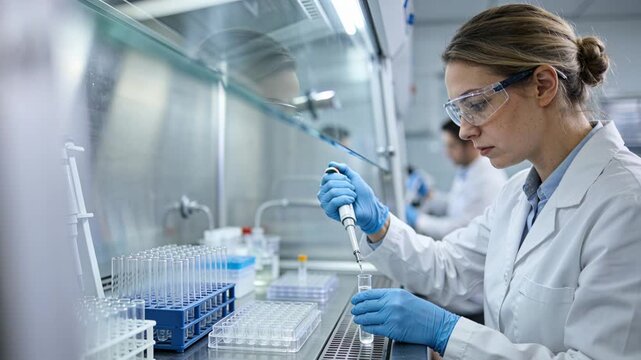 Scientist transferring liquid into microtube within safety cabinet