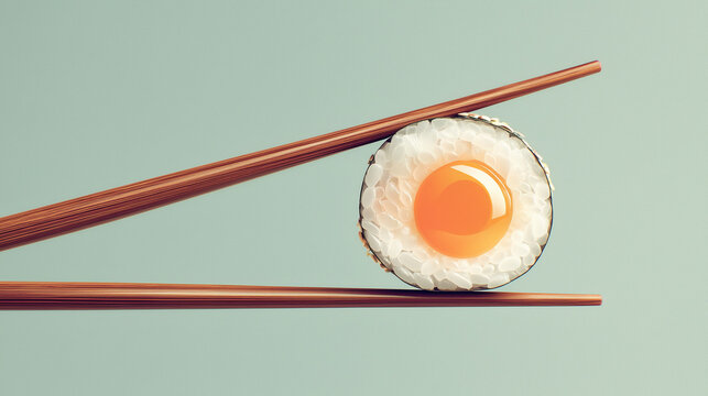 Sushi roll shaped like egg lifted by chopsticks