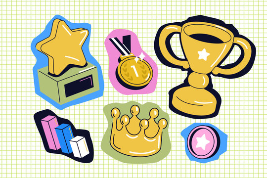 Achievement and success vector illustration with trophy cup, crown, award star and gold medal. Victory, winner, success cutout elements.