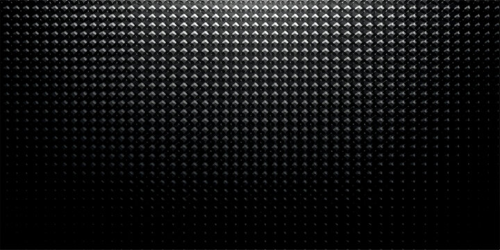 A dark industrial wallpaper featuring a metallic carbon fiber texture with a black mesh grid pattern and gray hexagonal steel grill design for a modern technology backdrop