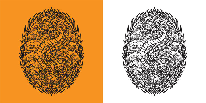Oriental Dragon Spiraling Through Stylized Clouds and Waves