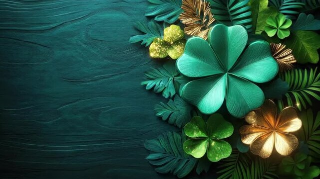 Lush tropical leaves and vibrant four-leaf clovers with rich teal background. Saint Patrick's Day, St Paddy's Day, St Patty's Day - Irish National Holiday and Cultural Celebration