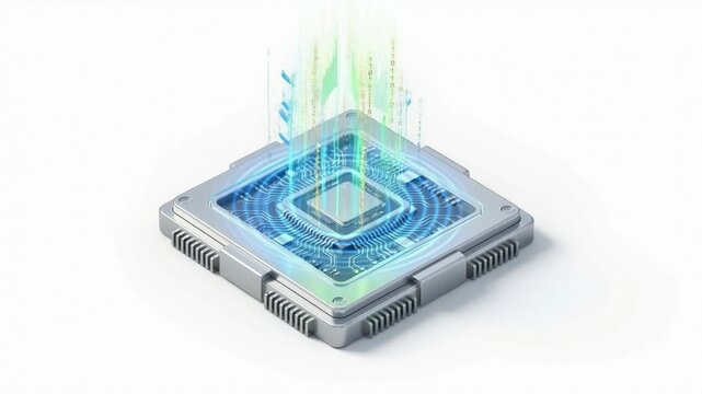 3D isometric futuristic microchip with floating holographic data and binary code; a concept of AI processing power and high-performance computing.