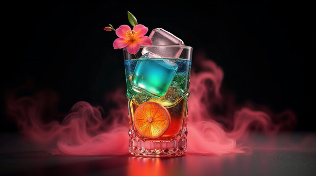Vibrant multi layered cocktail with glowing ice cubes and pink smoke on dark background for nightlife and party concept