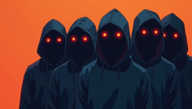 Five masked figures in dark hoodies with glowing red eyes stand together against an orange background. They look menacing and create a sense of unease, suggesting a secret group.