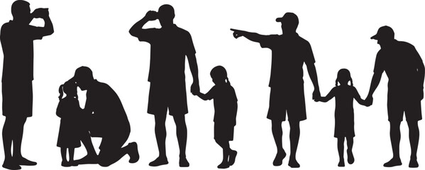 Obraz premium Black Solid Lifeguard Assisting with Lost Children Silhouettes Set of Six on White Background