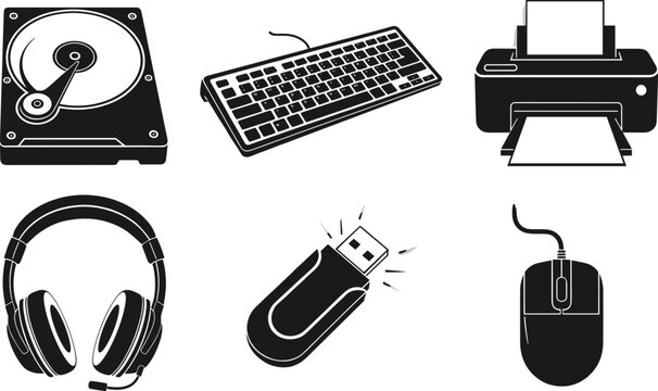 Computer hardware and peripheral equipment set featuring hard drive keyboard printer headphones flash drive and mouse silhouette icons for technology and office vector.