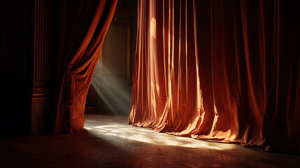 Rich, textured red stage curtains partially open, revealing a dimly lit theater interior with a wooden floor and dramatic light beams.