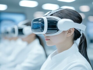 Naklejka premium Young Women Engaged in Virtual Reality Experience in Laboratory Setting
