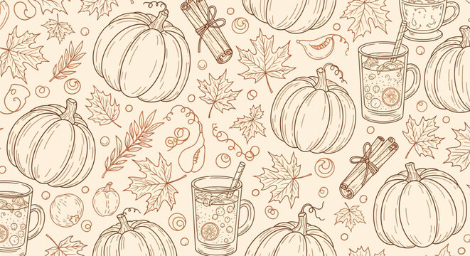 Autumn seamless pattern with pumpkins leaves mugs and cinnamon on beige background fall season design elements