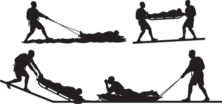 Black Solid Lifeguard Using Rescue Sled for Difficult Extractions Silhouettes Set of Six on White Background