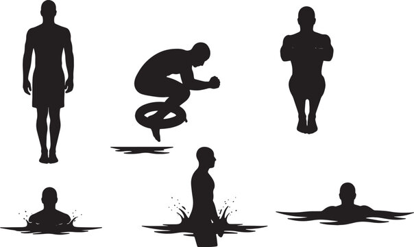 Black Solid Lifeguard Demonstrating Safe Jumping into Water Silhouettes Set of Six on White Background