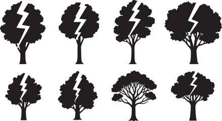 Fototapeta premium Black Solid Lightning Struck Tree Silhouettes Set of Six on White Background