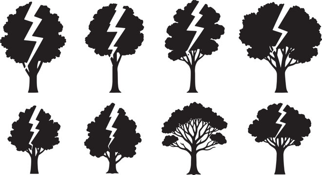 Black Solid Lightning Struck Tree Silhouettes Set of Six on White Background