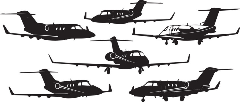 Black Solid Light Personal Jets Silhouettes Set of Six on White Background
