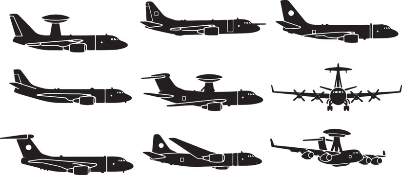 Black Solid Long-Range Patrol Aircraft Silhouettes Set of Six on White Background