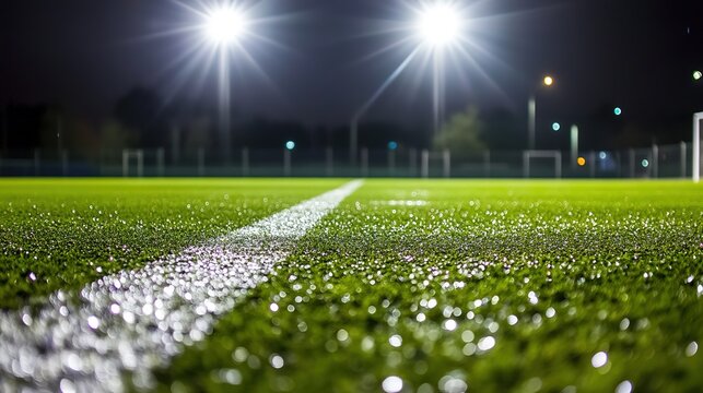 pitch. An empty soccer field under glowing stadium lights with remnants of confetti. event key visuals, club posters, designed for sports event promotions and stadium branding.