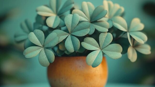 Vibrant green plant in rustic pot with a teal background. Saint Patrick's Day, St Paddy's Day, St Patty's Day - Irish National Holiday and Cultural Celebration