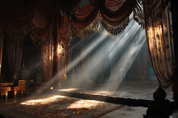 Dramatic stage curtains with radiant light beams illuminating an empty theater floor, creating a captivating and atmospheric scene for performance art.