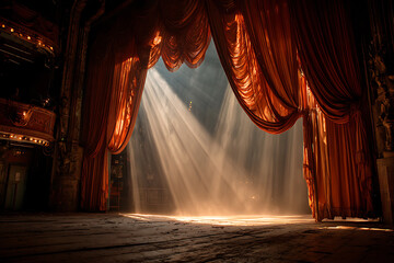 Dramatic stage curtains illuminated by radiant light beams, creating a captivating atmosphere of anticipation and mystery in a vintage theater setting.