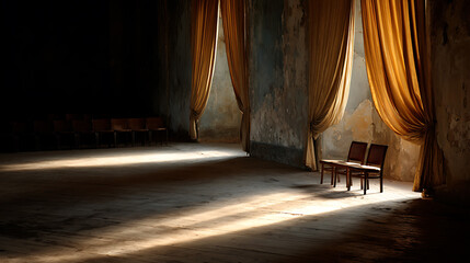 Illuminated theater stage with aged walls, golden curtains, and empty chairs, creating a hauntingly beautiful and atmospheric scene.