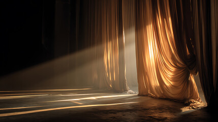 Dramatic stage lighting illuminates a partially open curtain, creating a mystical atmosphere with dust motes dancing in the sunbeams and a sense of hidden potential.