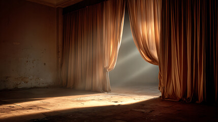 Sunlight streams through a gap in heavy stage curtains, illuminating a worn floor and creating a captivating interplay of light and shadow with a sense of anticipation.
