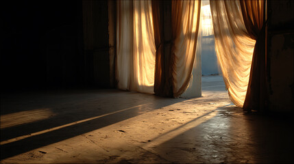 Sunlit stage curtains partially drawn, casting long shadows across a dusty floor in an abandoned theater, evoking a sense of solitude and decay.